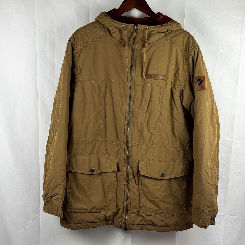 Columbia Mens Hooded Field Jacket Plaid Flannel Lined Insulated Large Brown